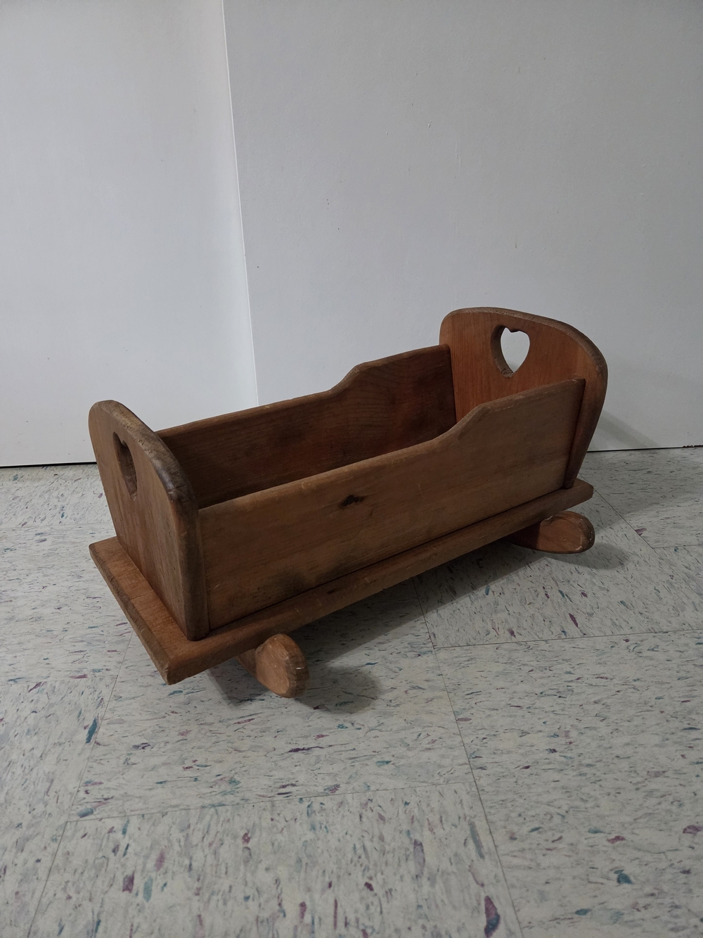 Vintage Handcrafted Wooden Doll Cradle Heart Cutout Rocking Bassinet Rustic Pine